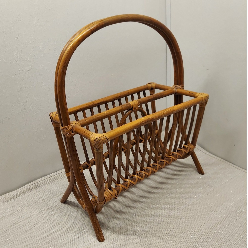Vintage Rattan Bamboo Magazine Holder Rack Boho Style Basket Mid Century
